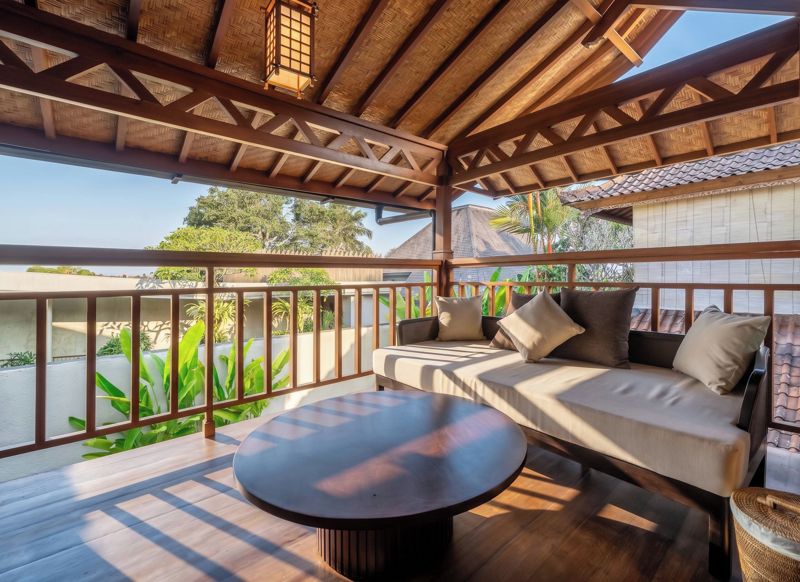 A covered outdoor seating area with a round table, cushioned seating, and a view of greenery and buildings.