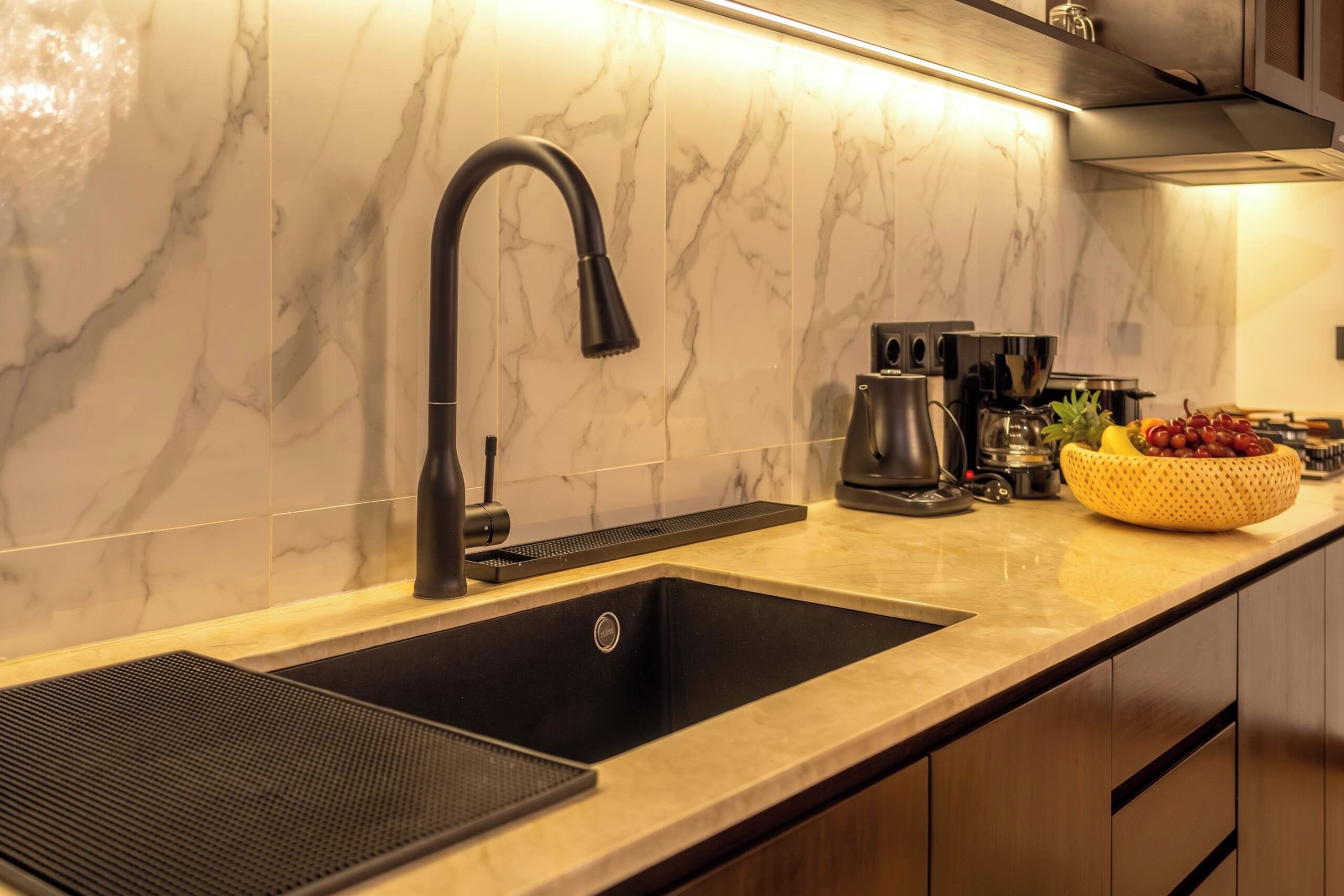 Una cocina con un lavabo negro, una cafetera y un frutero en la encimera.