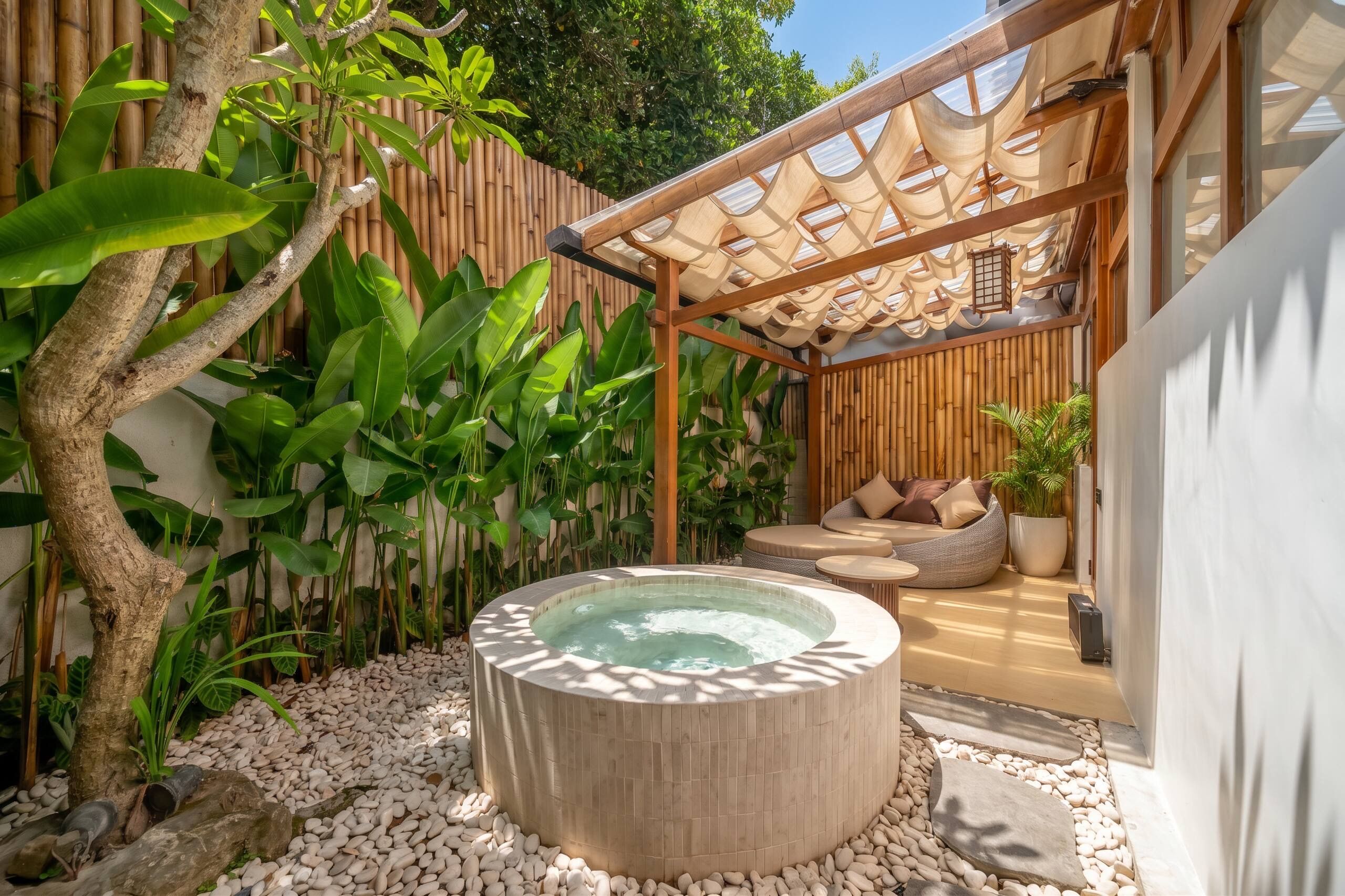 A hot tub surrounded by a bamboo fence, with a seating area and a pergola overhead.