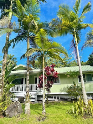 A house with a green roof, surrounded by palm trees and a grassy lawn. - Beautiful Hale Close to the Ocean (Pāhoa)