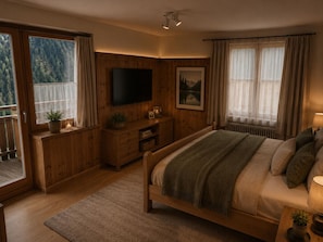 Une chambre avec un lit en bois, une télévision, une cheminée et une vue sur une forêt par la fenêtre.