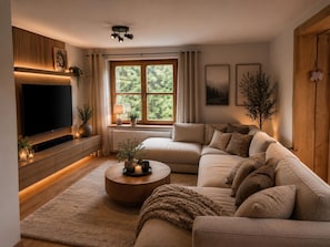 Un salón acogedor con un televisor de pantalla plana grande, un mueble de madera para entretenimiento, un sofá cómodo, una mesa de centro con velas y vistas a zonas verdes a través de una ventana.