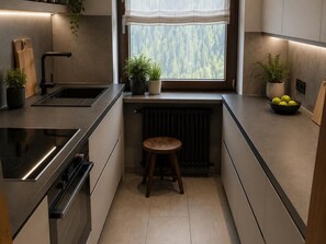A modern kitchen with a built-in stove, a sink, and a window with a view of trees. - Enjoy mountain panorama with luxury & ambiance (Krimml)