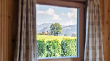 A window with a view of a green field and mountains.