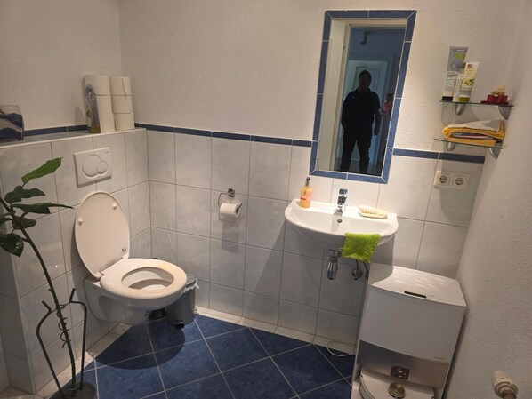 Casa de banho com sanita, lavatório e espelho. Há uma planta ao lado da sanita e artigos de higiene pessoal visíveis sobre a bancada do lavatório.