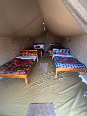 A tent with two beds, a table, and a hanging light fixture. - Samara Wild Camp - Maasai Mara (Sekenani)
