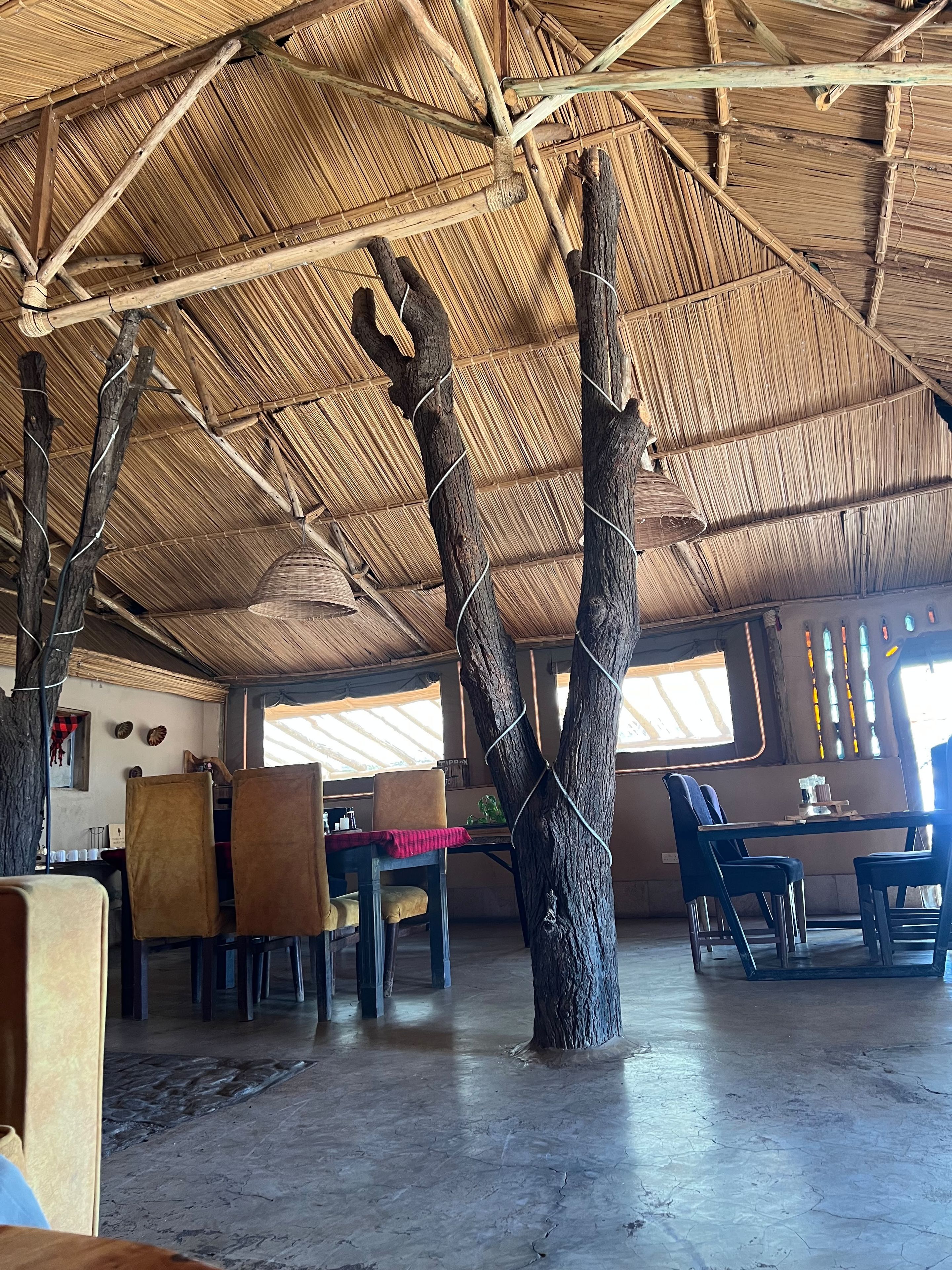A room with a thatched roof, wooden beams, and a central tree trunk. There are tables and chairs arranged for dining.