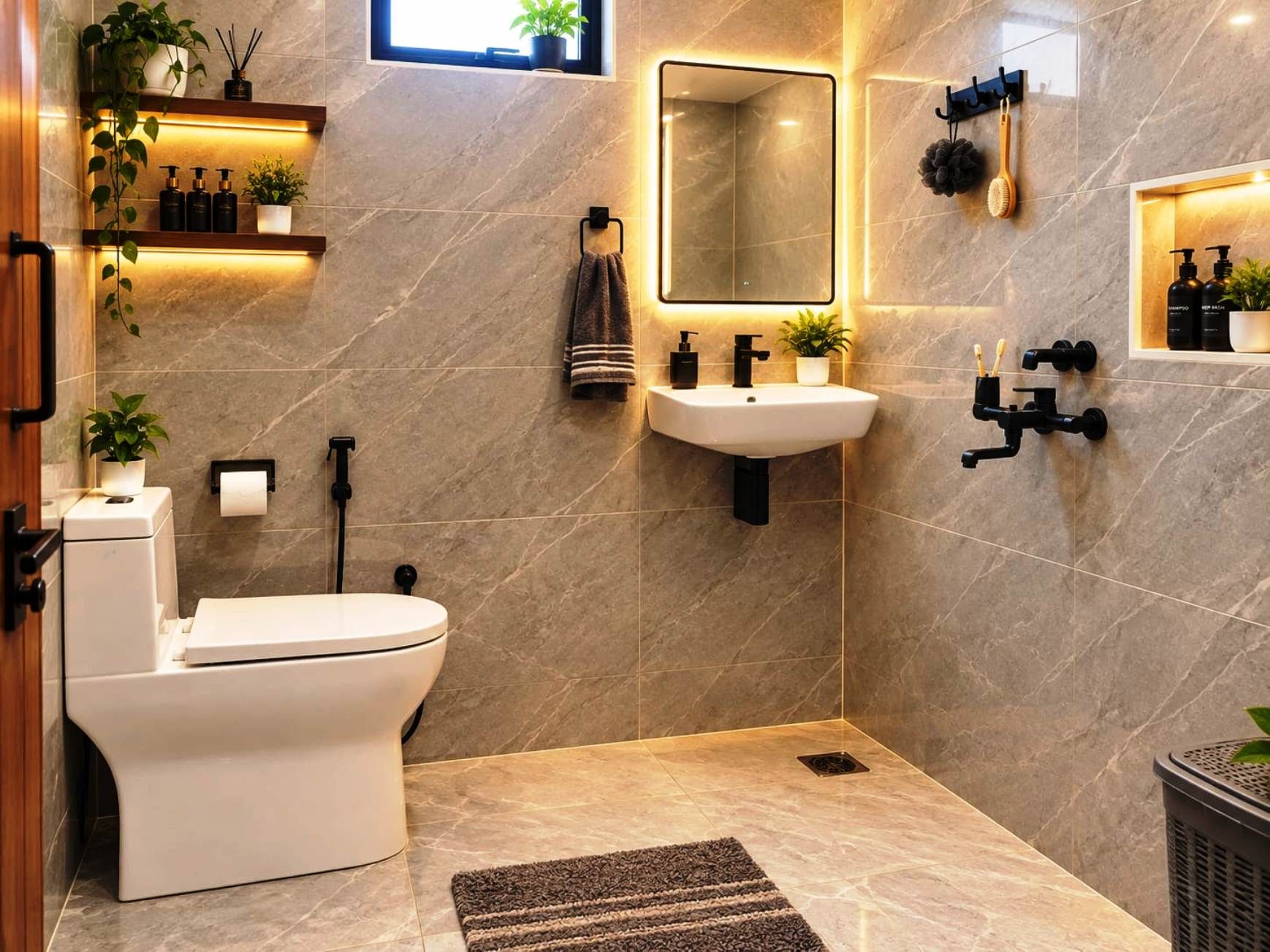 Un baño moderno con inodoro, lavamanos y espejo. Hay repisas con artículos de aseo personal y una planta en maceta.