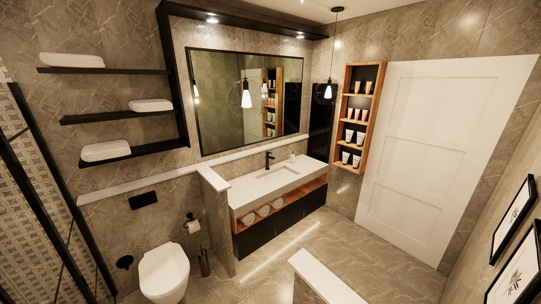 Un bagno moderno con pavimento in marmo, lavandino bianco, specchio sopra il lavandino e servizi igienici. Sono presenti mensole con articoli da toilette e un porta asciugamani.