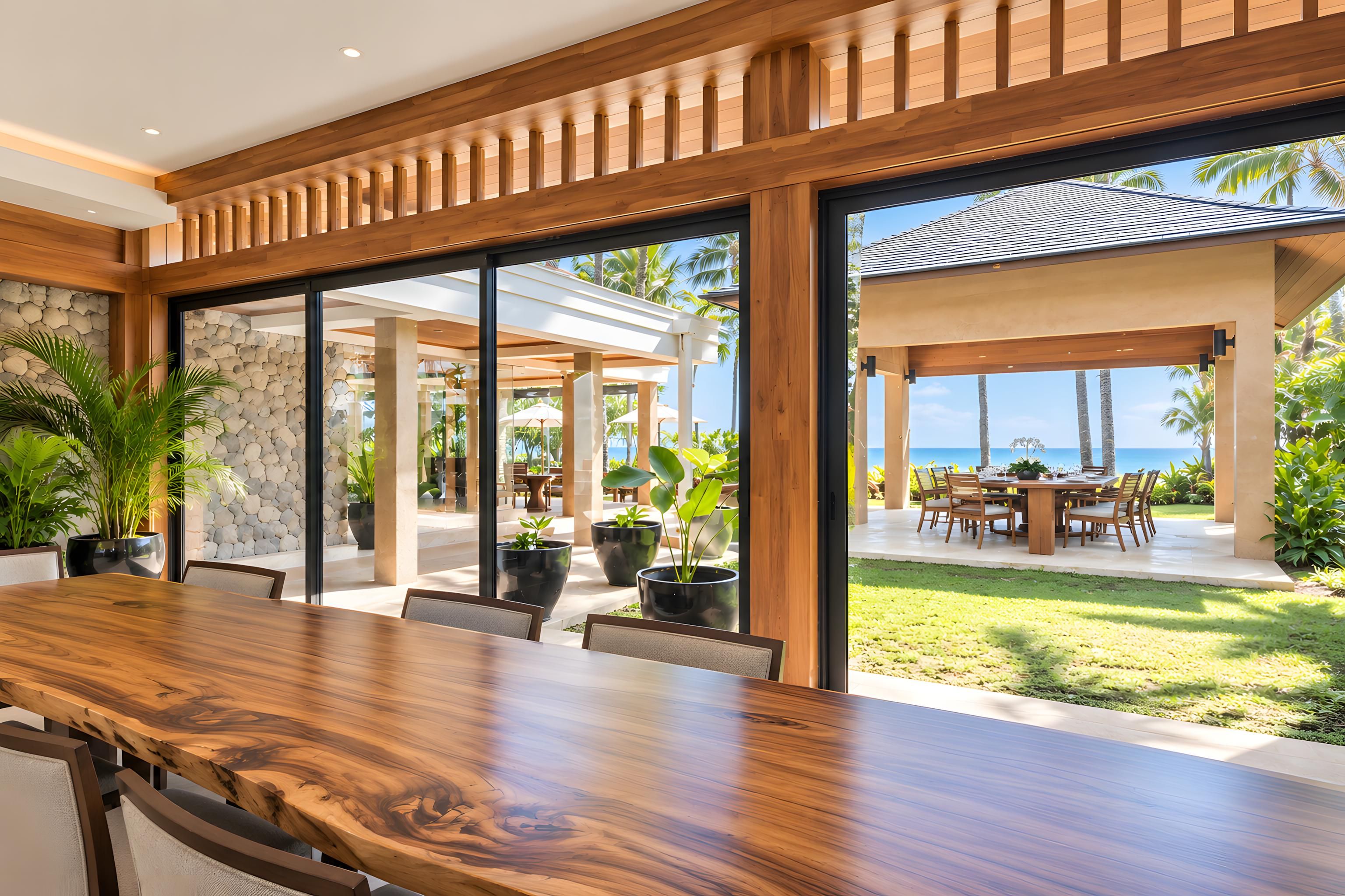 A modern outdoor dining area with a wooden table and chairs, surrounded by large windows and potted plants.
