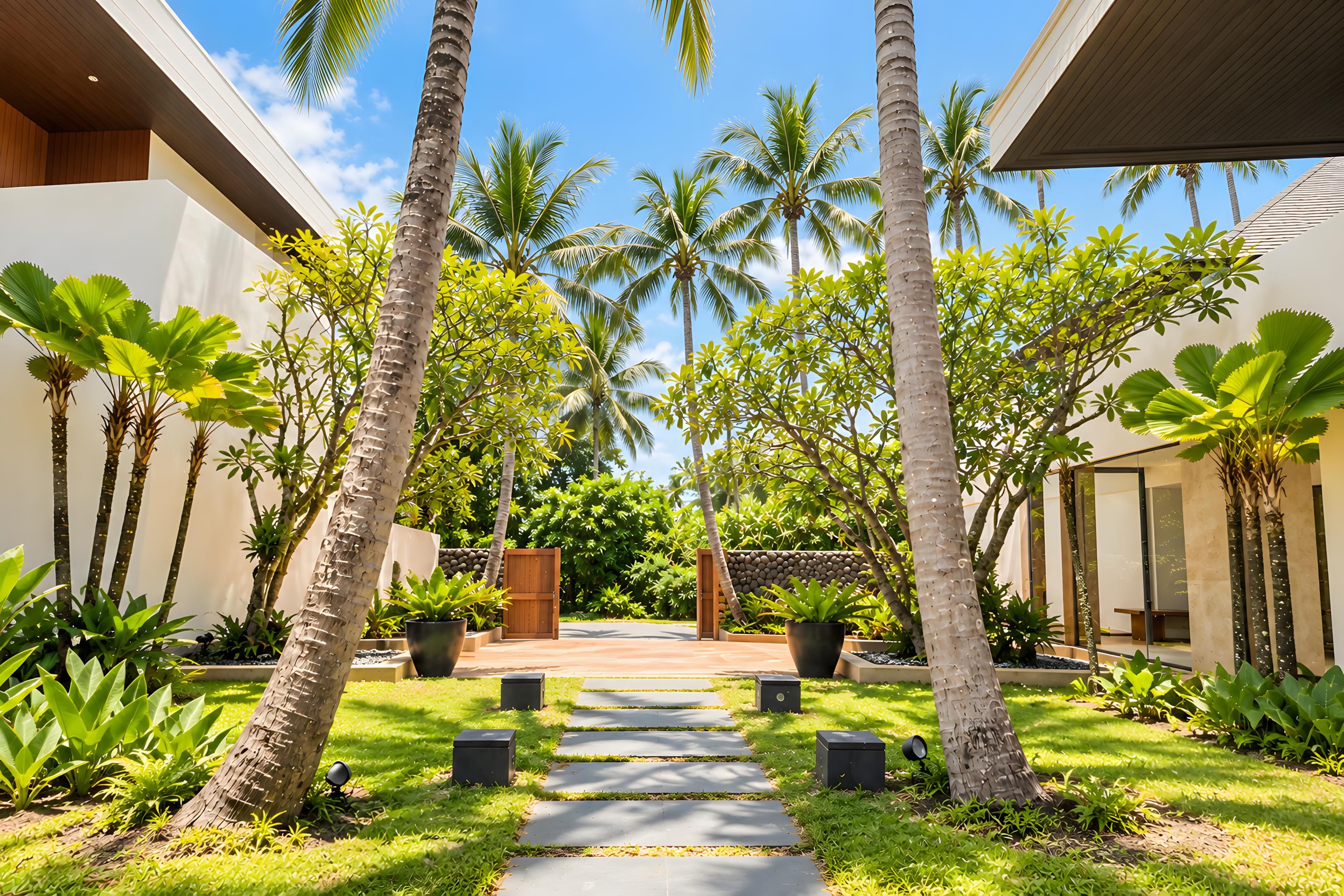 A tropical garden with palm trees, a pathway, and a wooden gate.