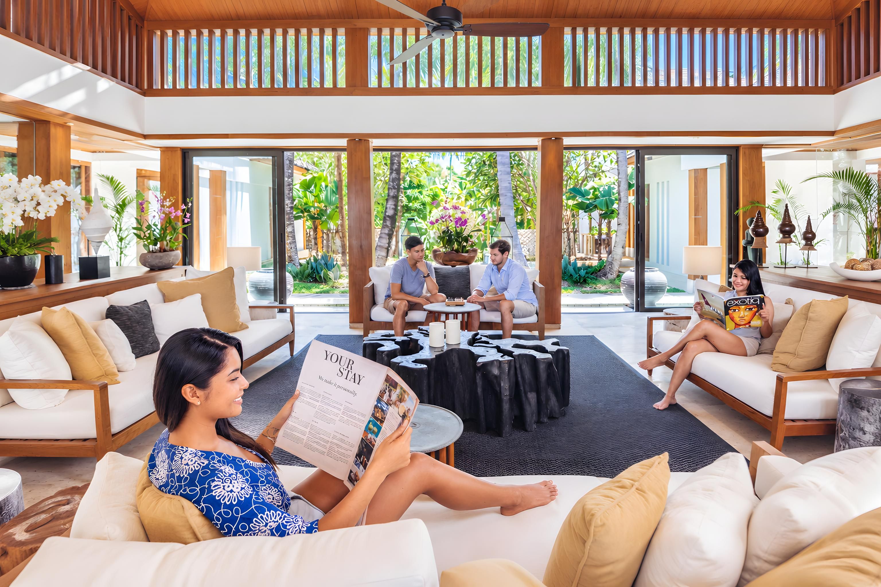A spacious living area with a high ceiling, large windows, and a view of a lush garden. There are multiple seating areas with sofas and a coffee table.