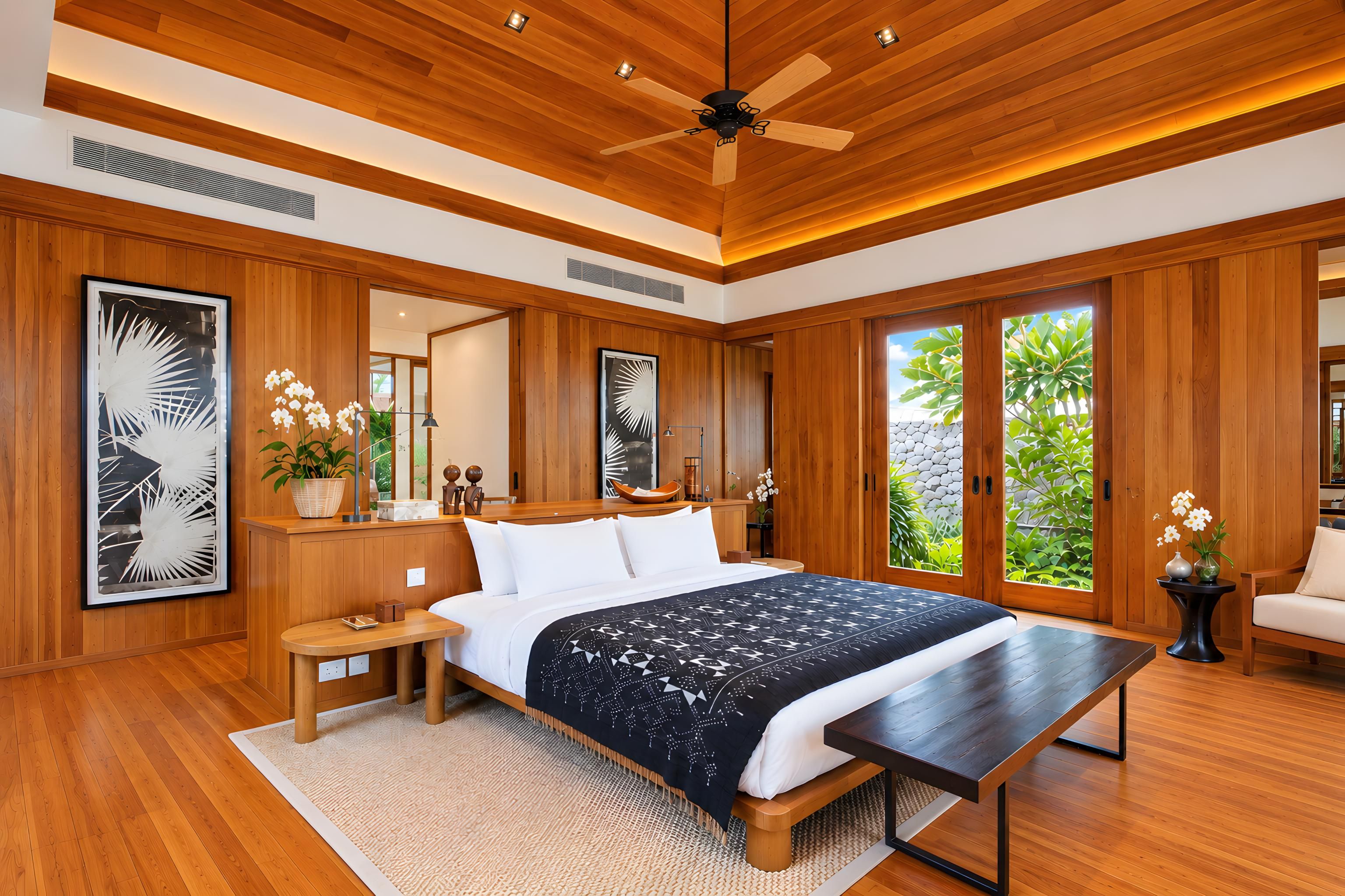Ein geräumiges Schlafzimmer mit einem großen Bett, Holzboden, Deckenventilator und Blick auf Grün hinter den Schiebetüren.