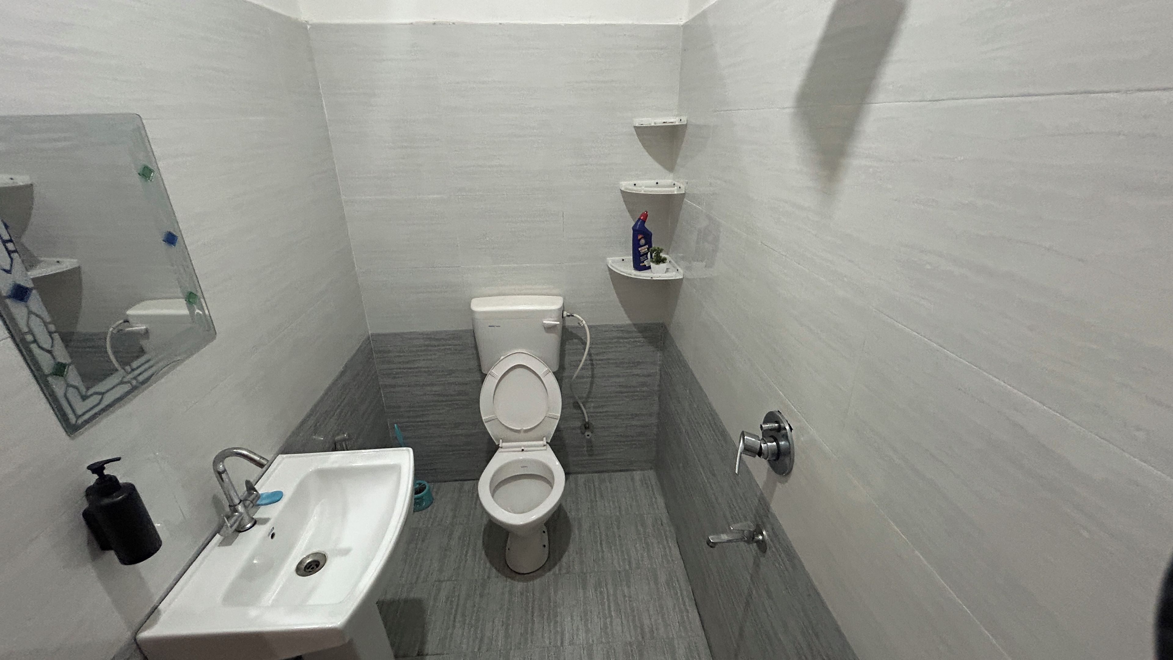 Een badkamer met toilet, wastafel en spiegel.