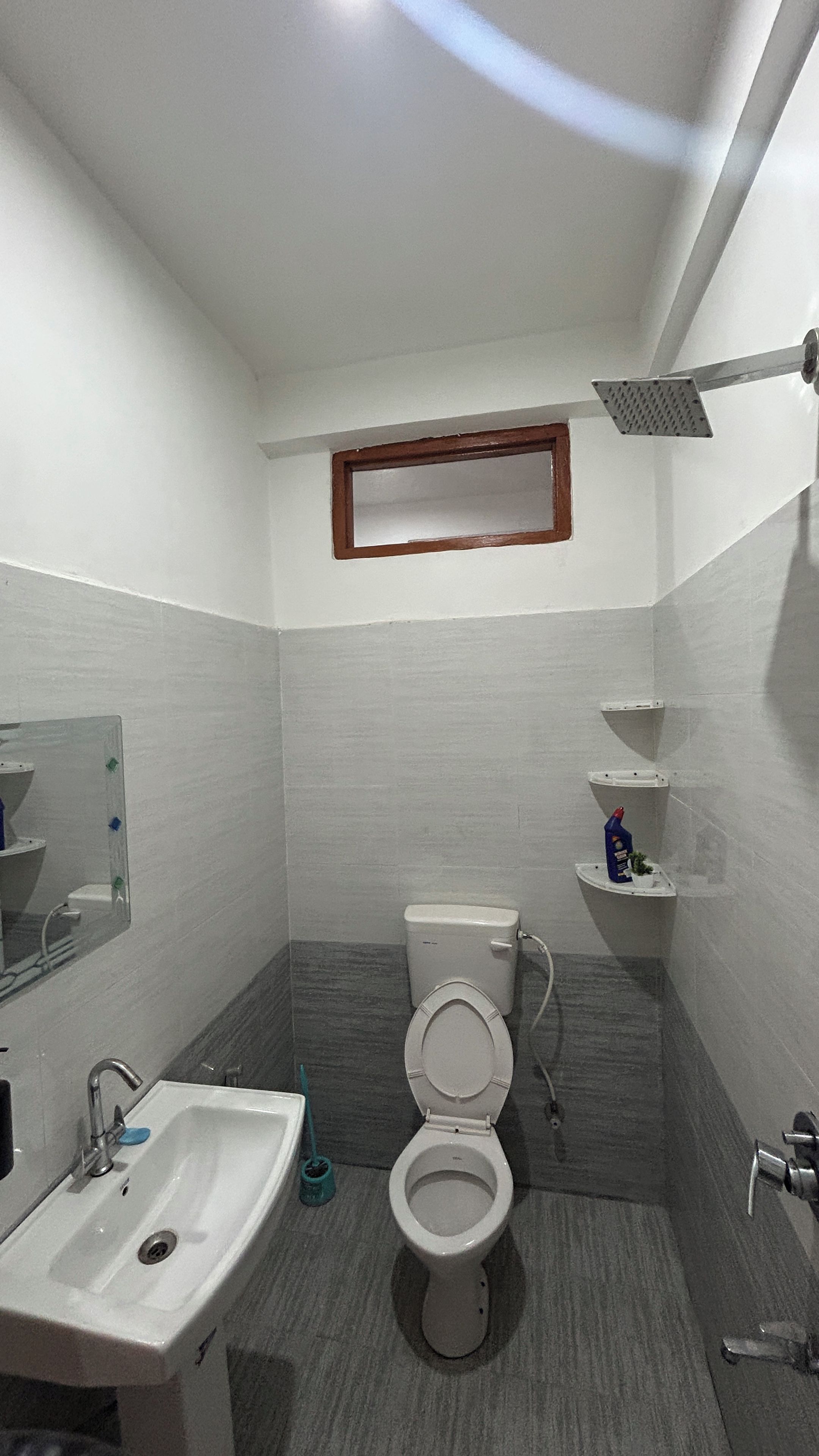 Une salle de bain avec des toilettes, un lavabo et une douche.