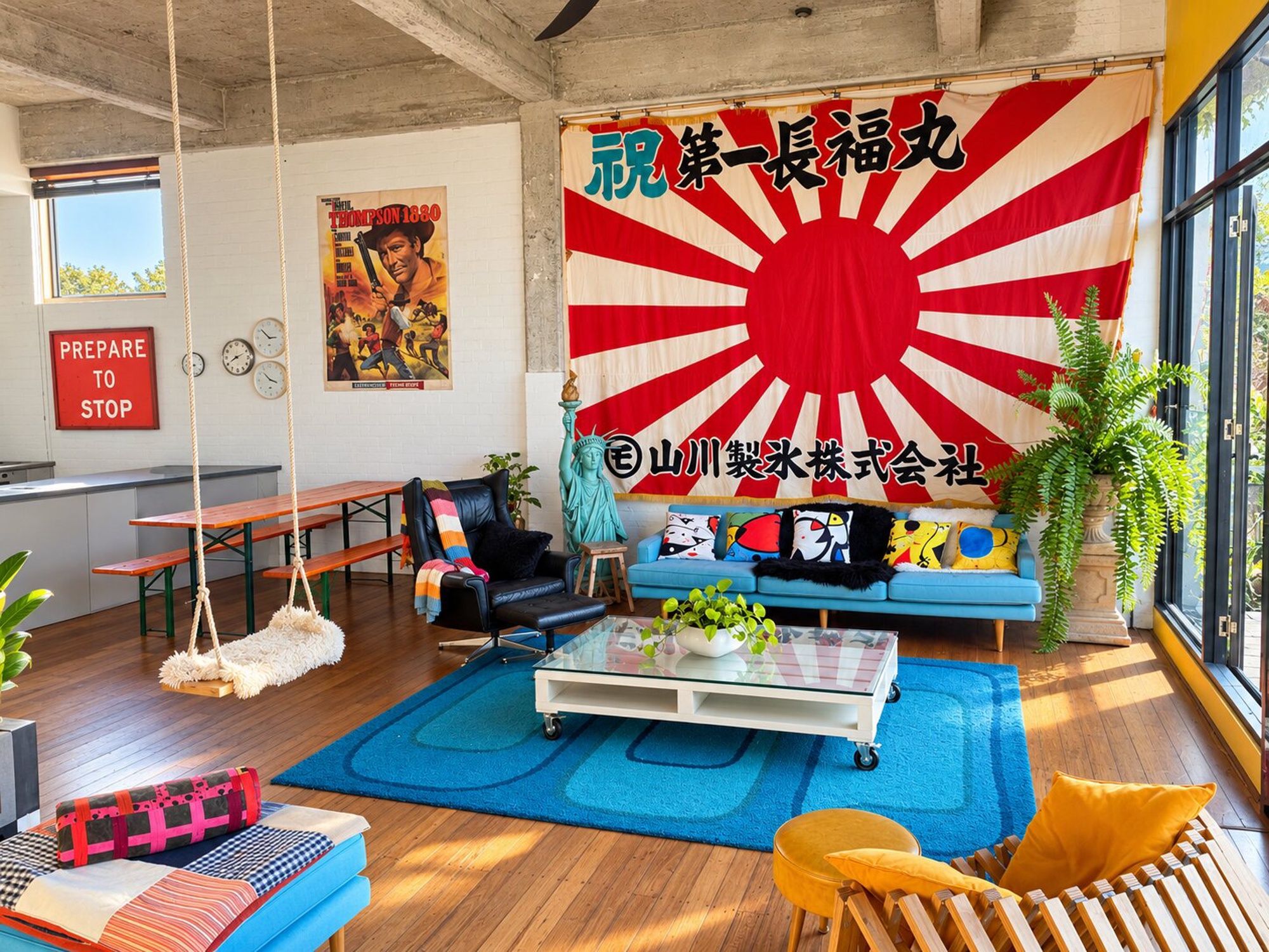A modern living room with a large Japanese flag, a sofa set, a coffee table, and a hanging chair.