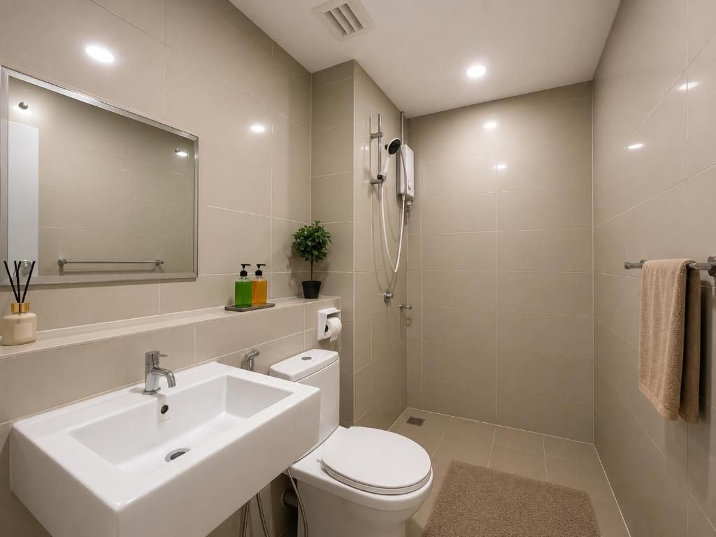 A modern bathroom with a sink, toilet, and shower.
