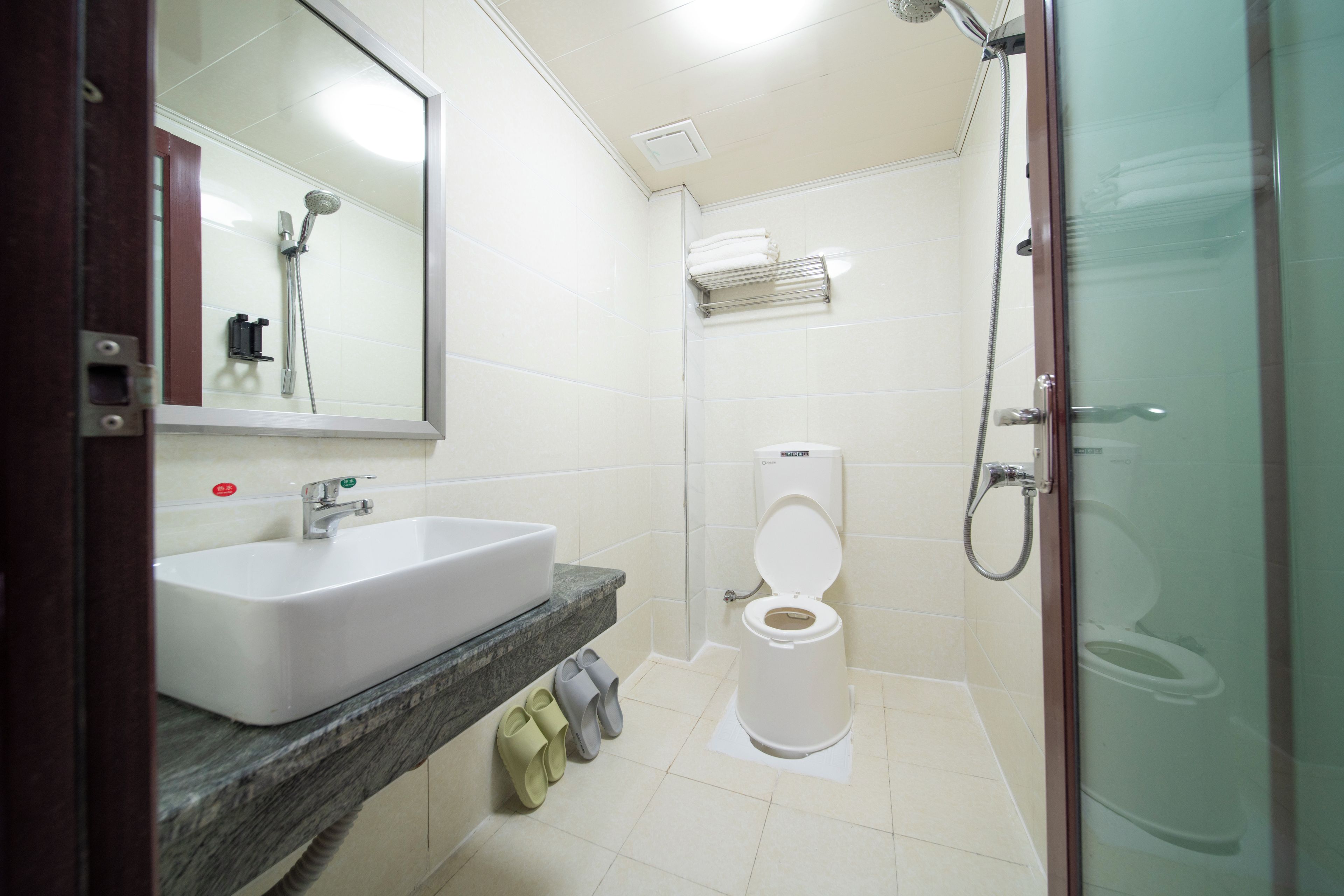 Une salle de bain avec un lavabo blanc, des toilettes et un espace douche.