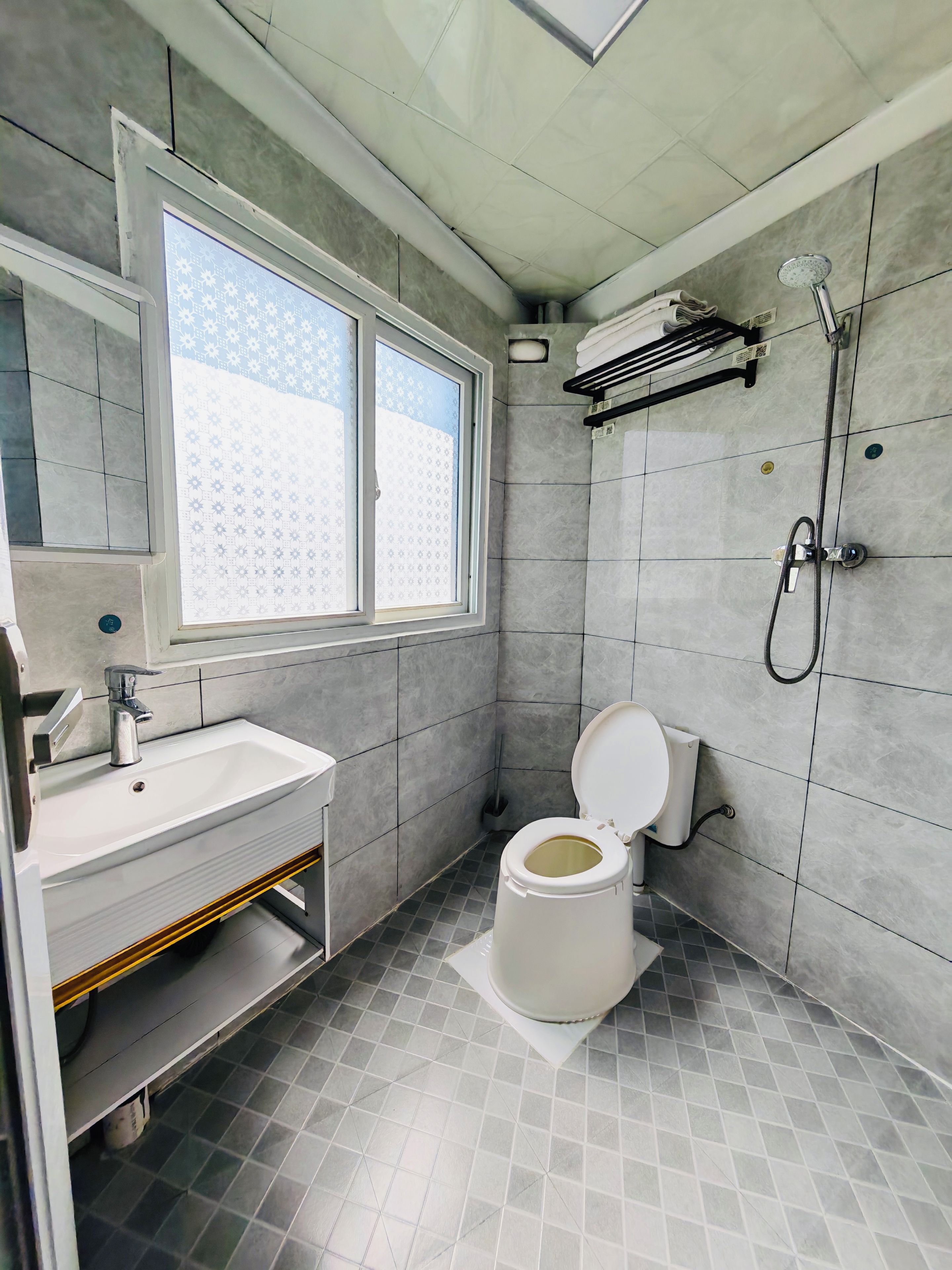 Une salle de bain moderne équipée de toilettes, d’un lavabo et d’une douche.