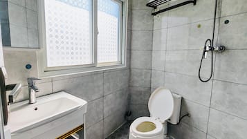 Une salle de bain moderne équipée de toilettes, d’un lavabo et d’une douche.