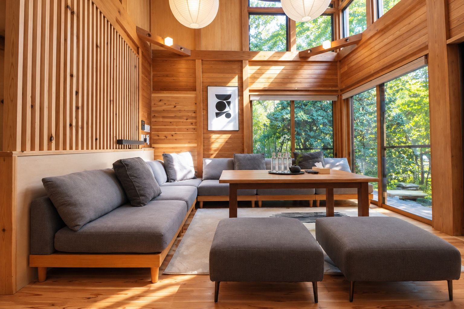 A modern interior with a wooden slatted wall, a grey sofa, a wooden table, and large windows offering a view of greenery.