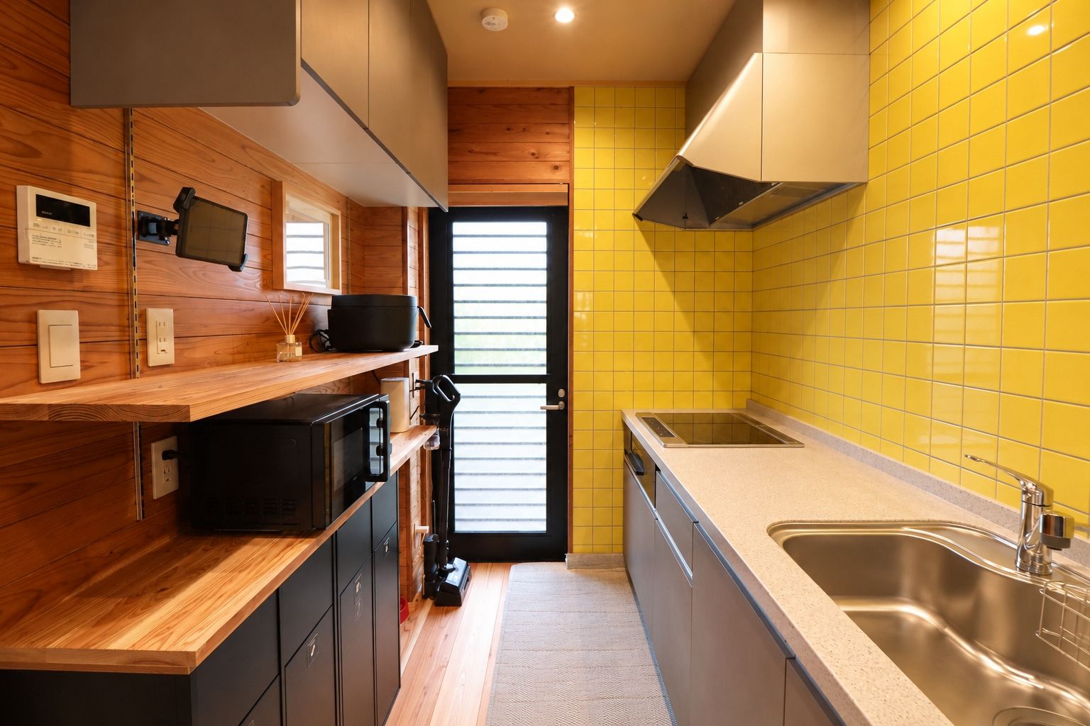 A compact kitchen with wooden cabinetry, a stainless steel sink, and a yellow tiled backsplash.