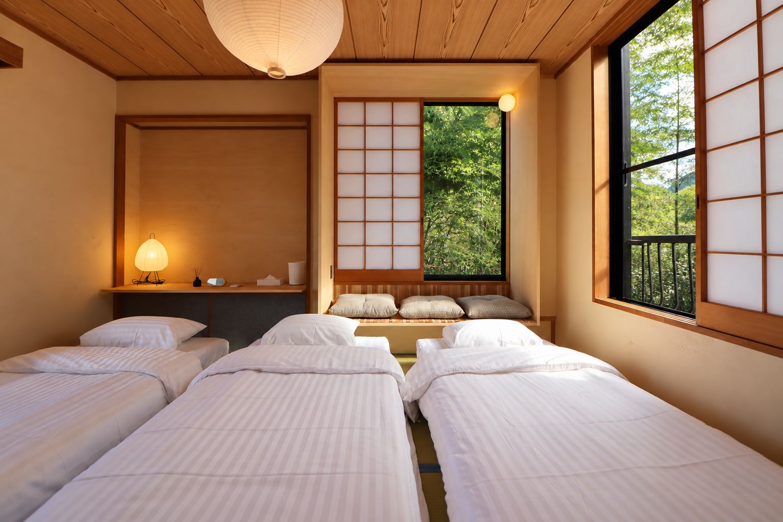 Ein traditioneller japanischer Raum mit Tatami-Boden, Shoji-Schirm und Blick ins Grüne durch ein Fenster.
