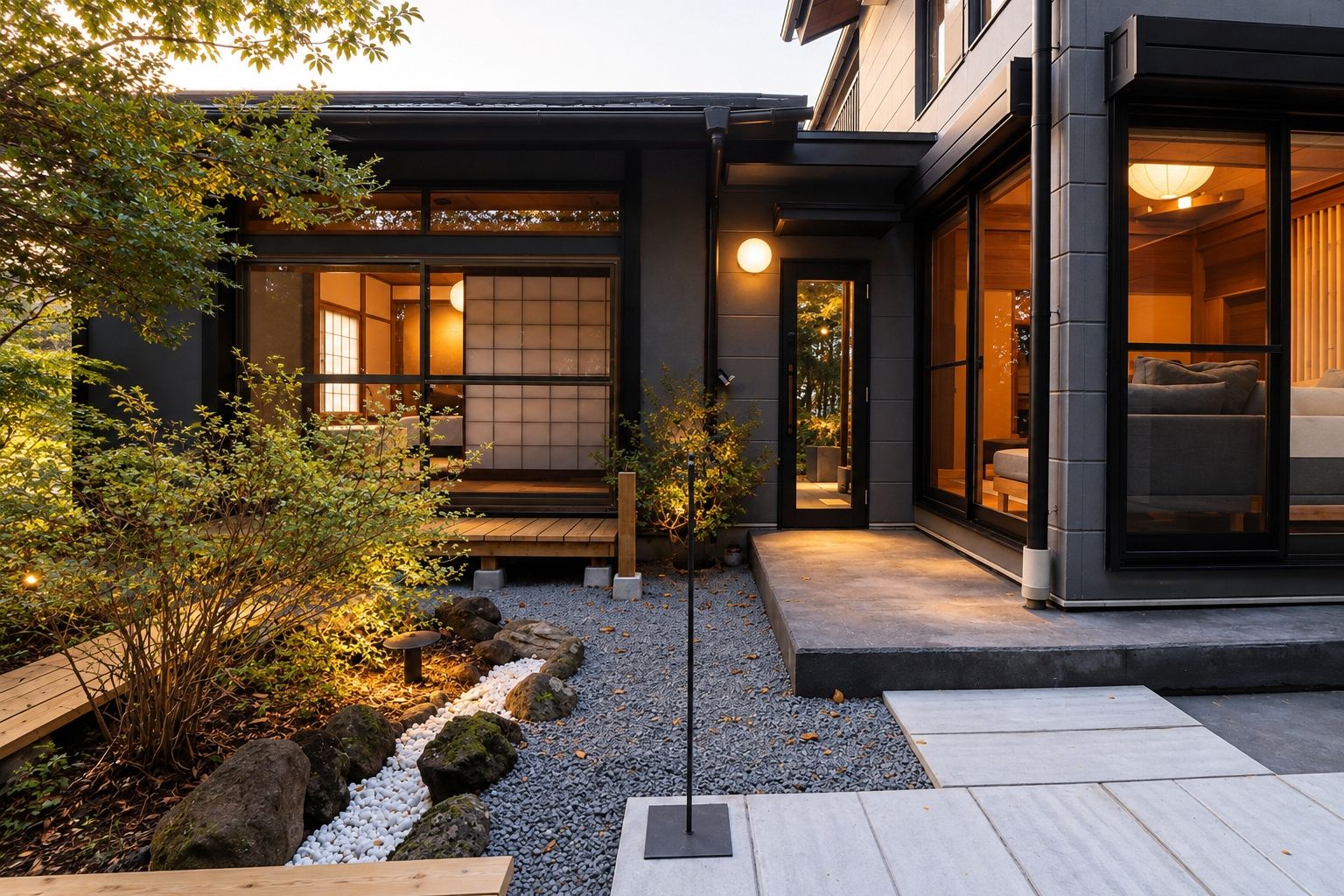 A modern building with a traditional Japanese interior, a well-maintained garden with rocks and plants, and a clear pathway leading to the entrance.