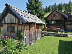Ein rustikales Holzhaus mit Metallbedachung, umgeben von einem gepflegten Garten mit verschiedenen Pflanzen und Blumen.