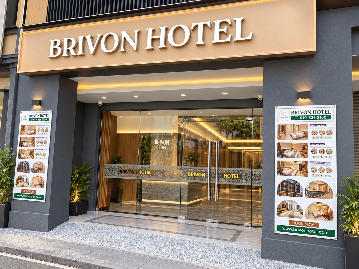 Het uiterlijk van Hotel Brivon met een moderne gevel, glazen ingang en promotieposters.