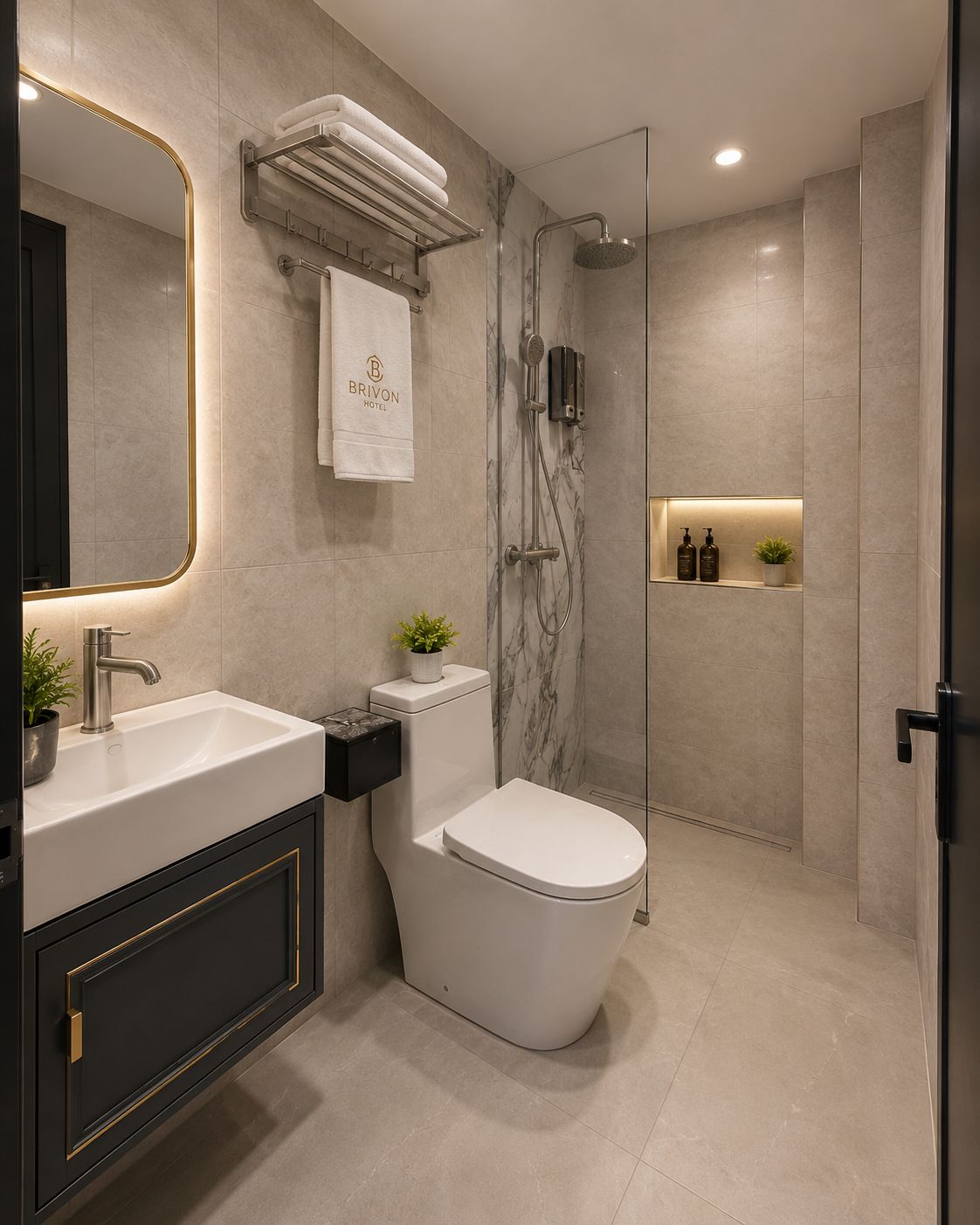Een moderne badkamer met toilet, wastafel en douche. Handdoekrek met handdoeken en een klein plankje met toiletartikelen.