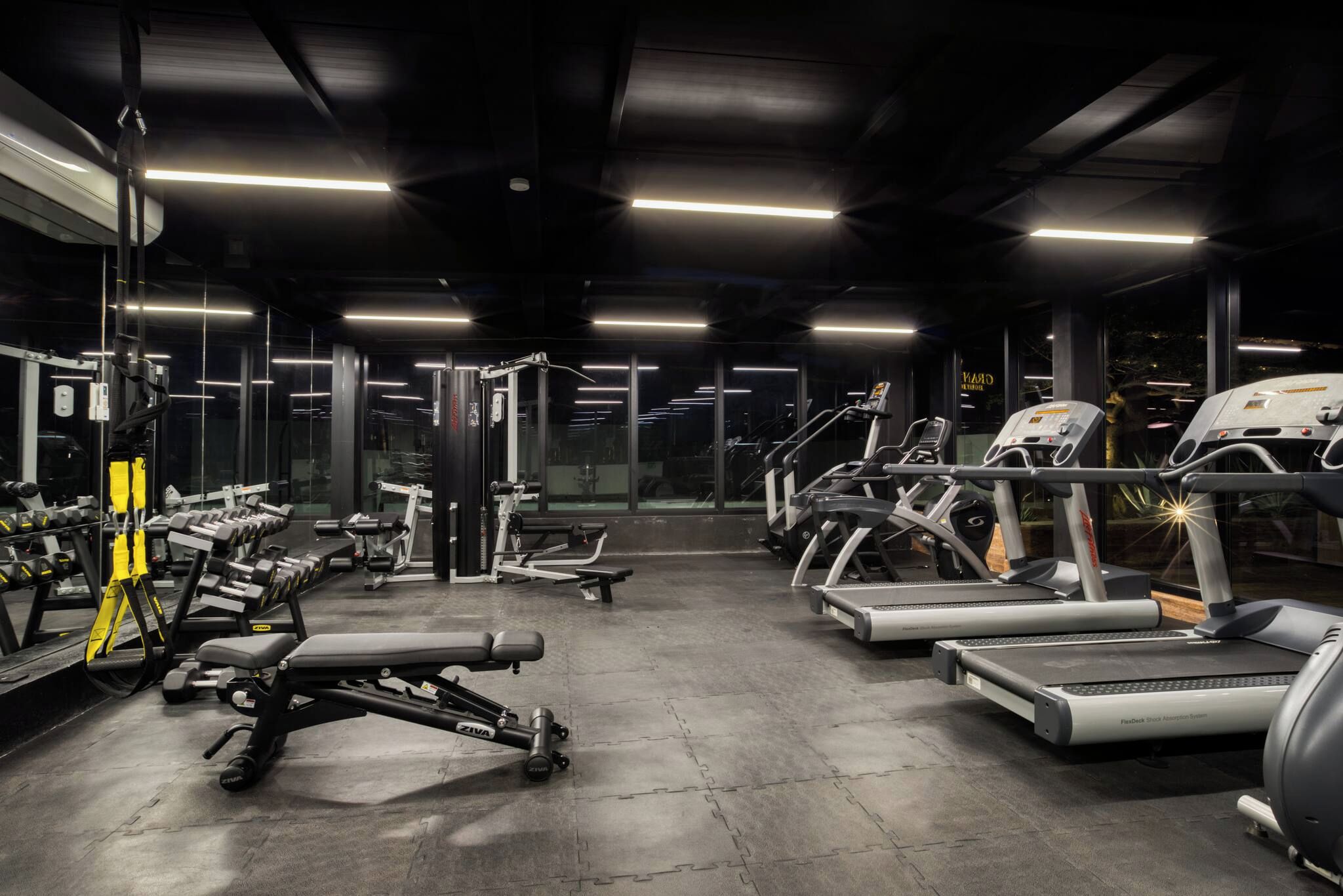 Un gimnasio con cintas de correr, mancuernas y máquinas de pesas.