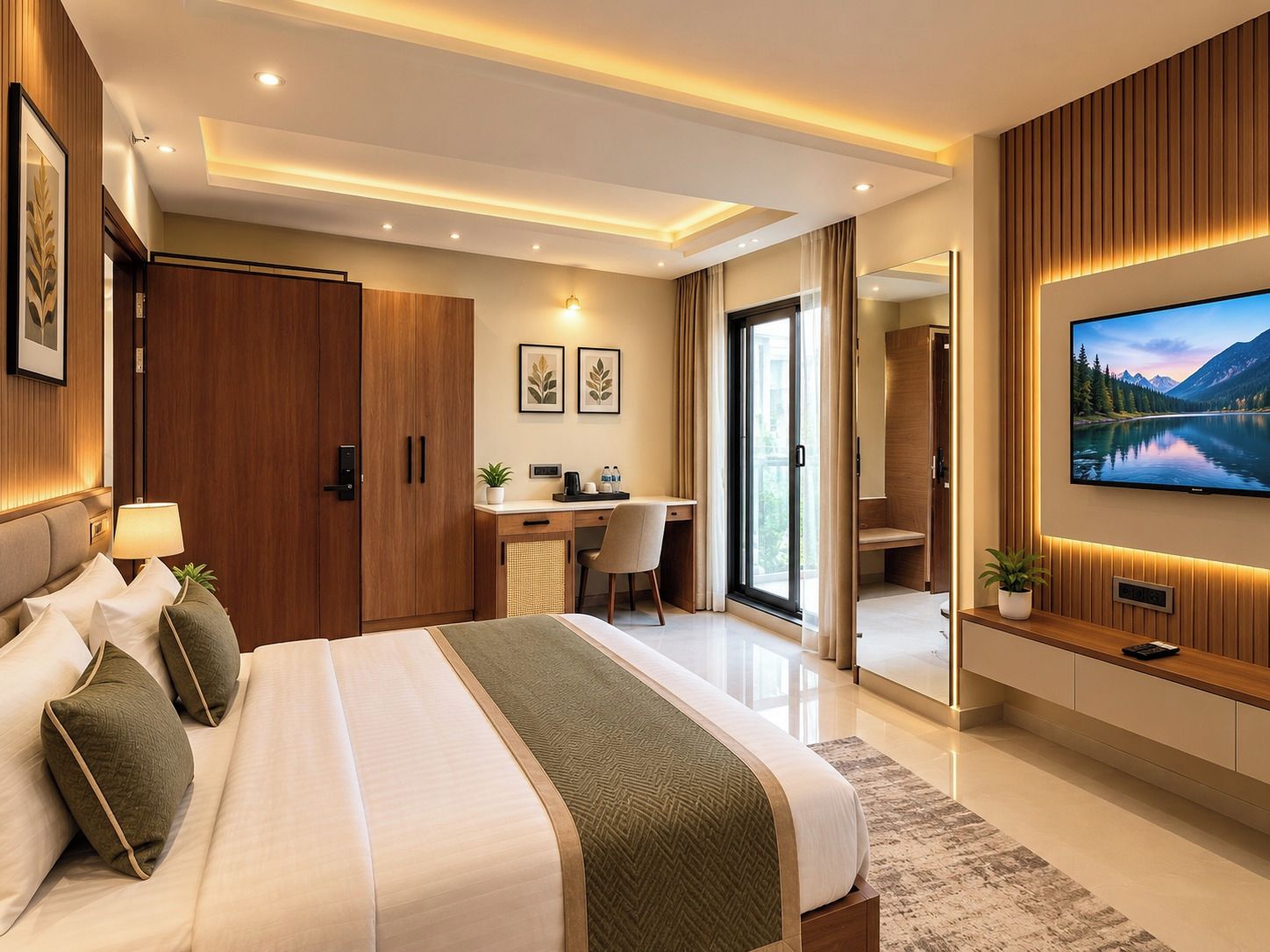 Quarto de hotel moderno com uma cama grande, uma escrivaninha, TV de tela plana e porta de correr para uma varanda.
