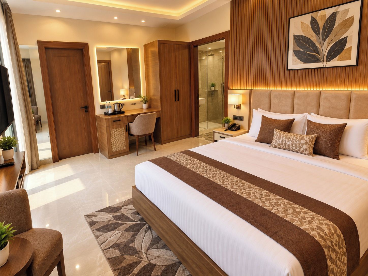 Quarto de hotel com uma cama grande, uma escrivaninha, uma cadeira, um espelho e zona de chuveiro.
