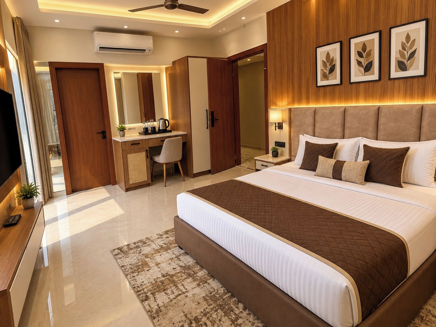 Quarto de hotel moderno com uma cama grande, uma escrivaninha, uma cadeira, uma televisão e um ventilador de teto.