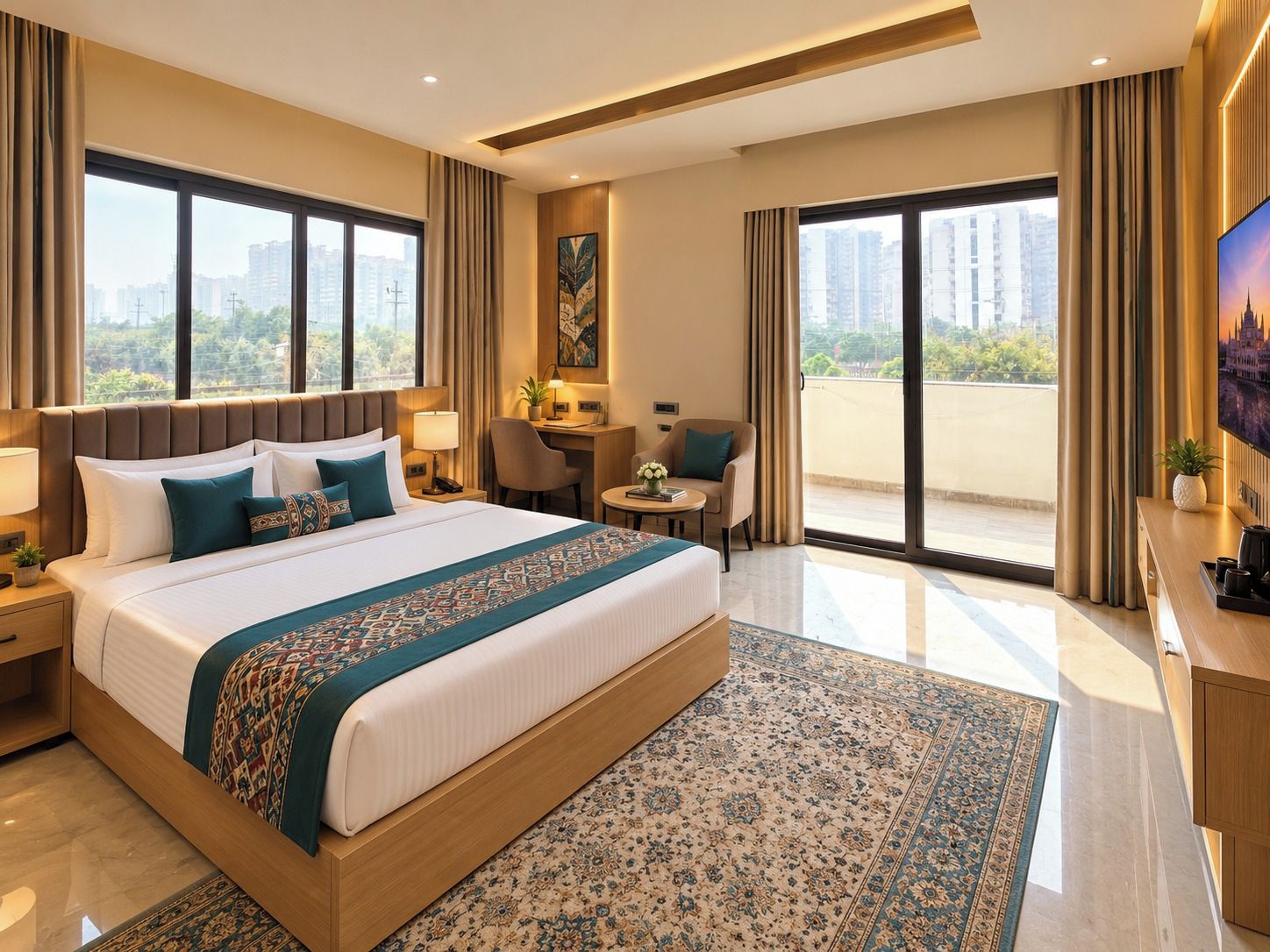 Quarto de hotel com uma cama grande, uma mesa, uma cadeira e uma televisão.