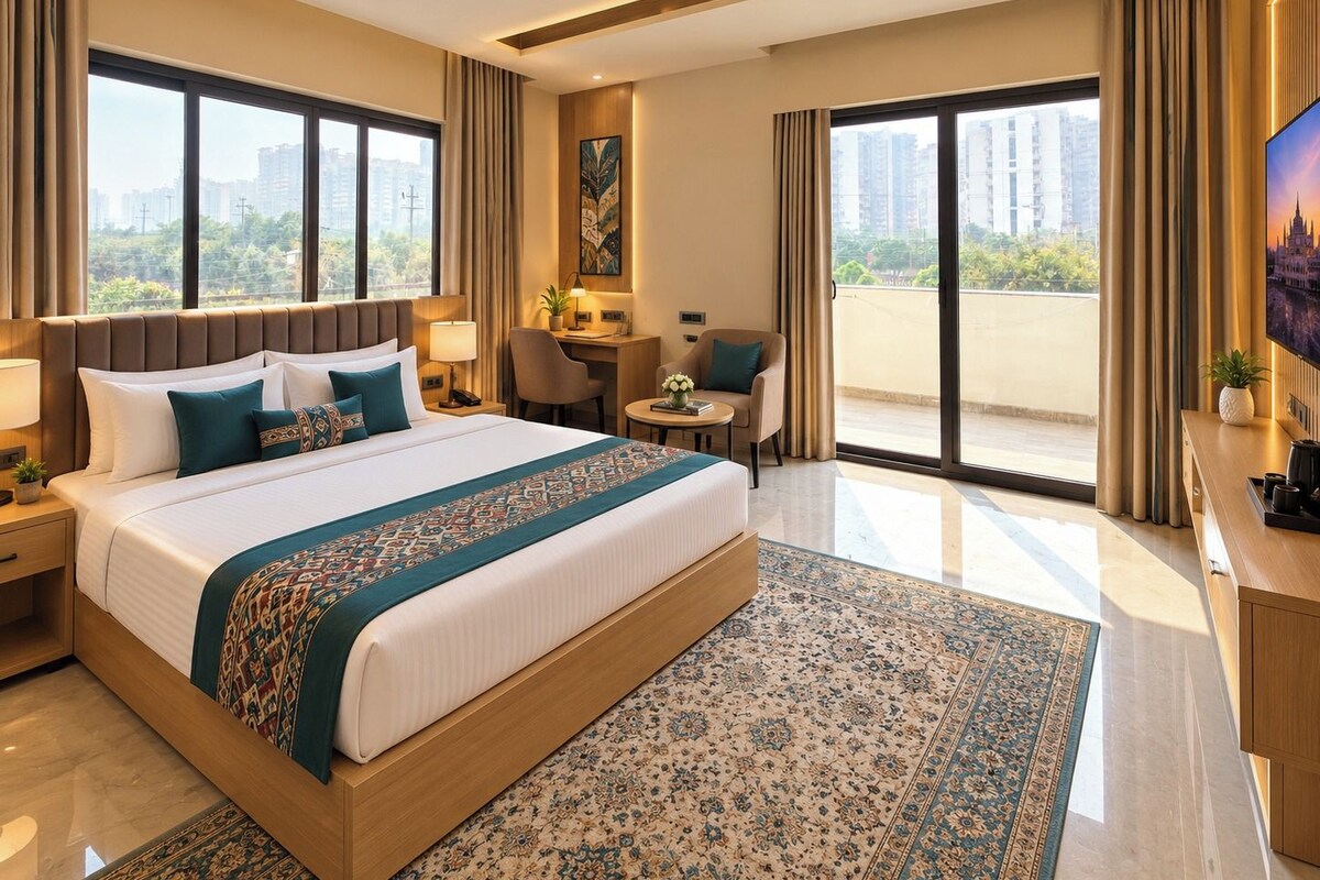 Quarto de hotel com uma cama grande, uma mesa, uma cadeira e uma televisão.