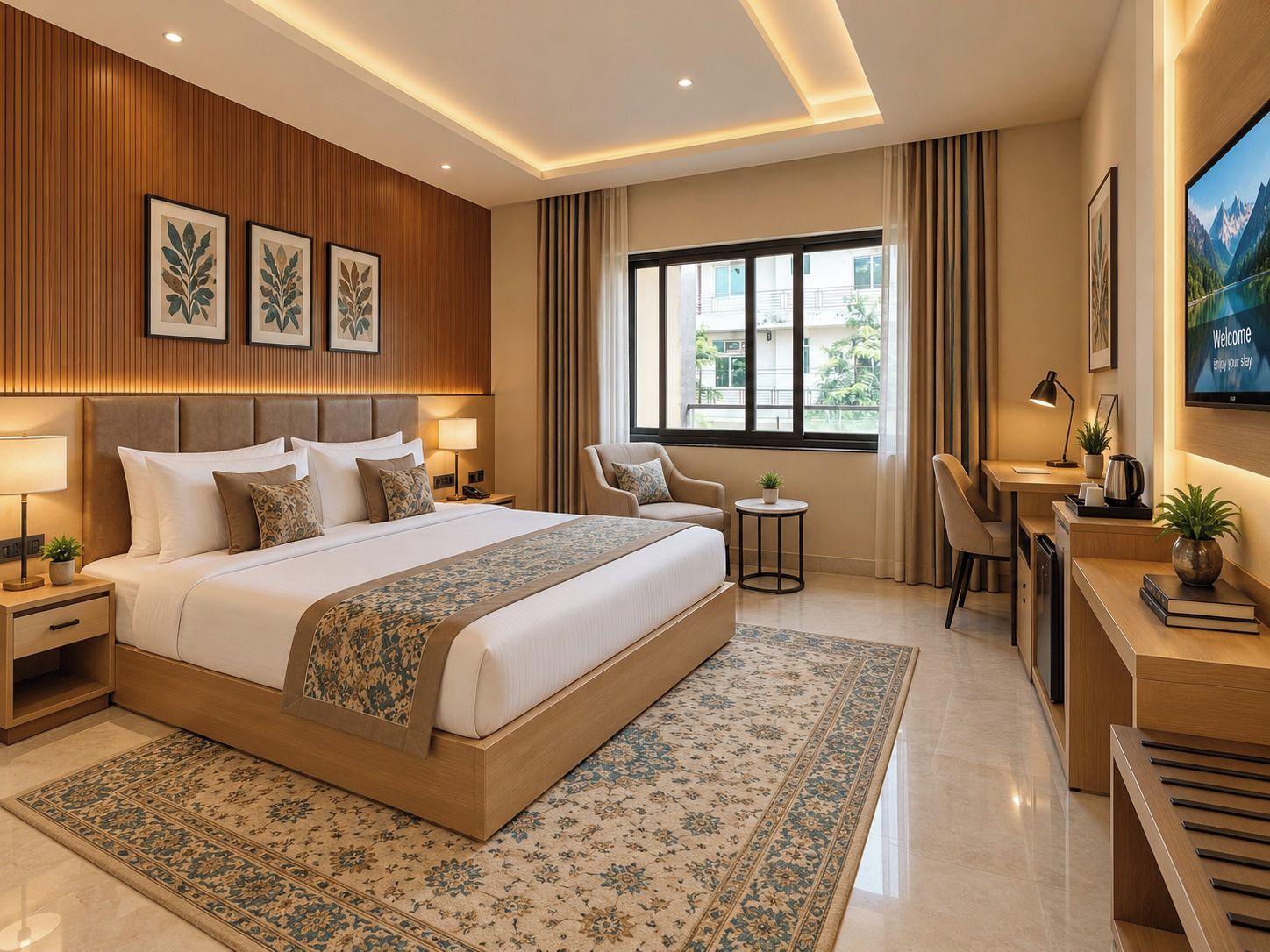 A modern hotel room with a large bed, a desk, a chair, a TV, and a view of the outdoors.