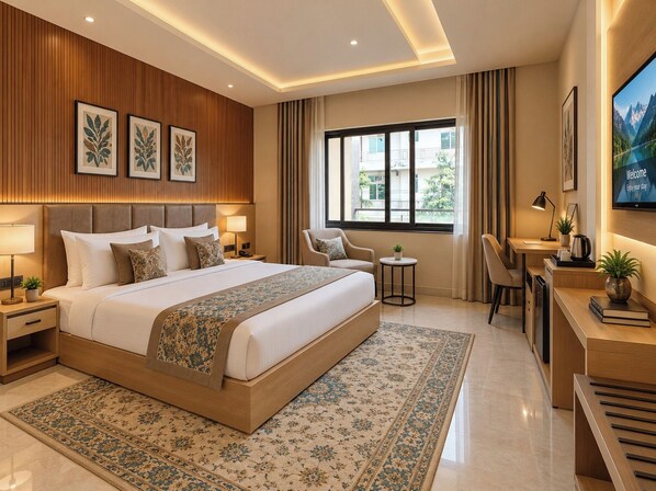 A modern hotel room with a large bed, a desk, a chair, a TV, and a view of the outdoors. - Tavyn Signature - Noida Sector 117 (Noida)