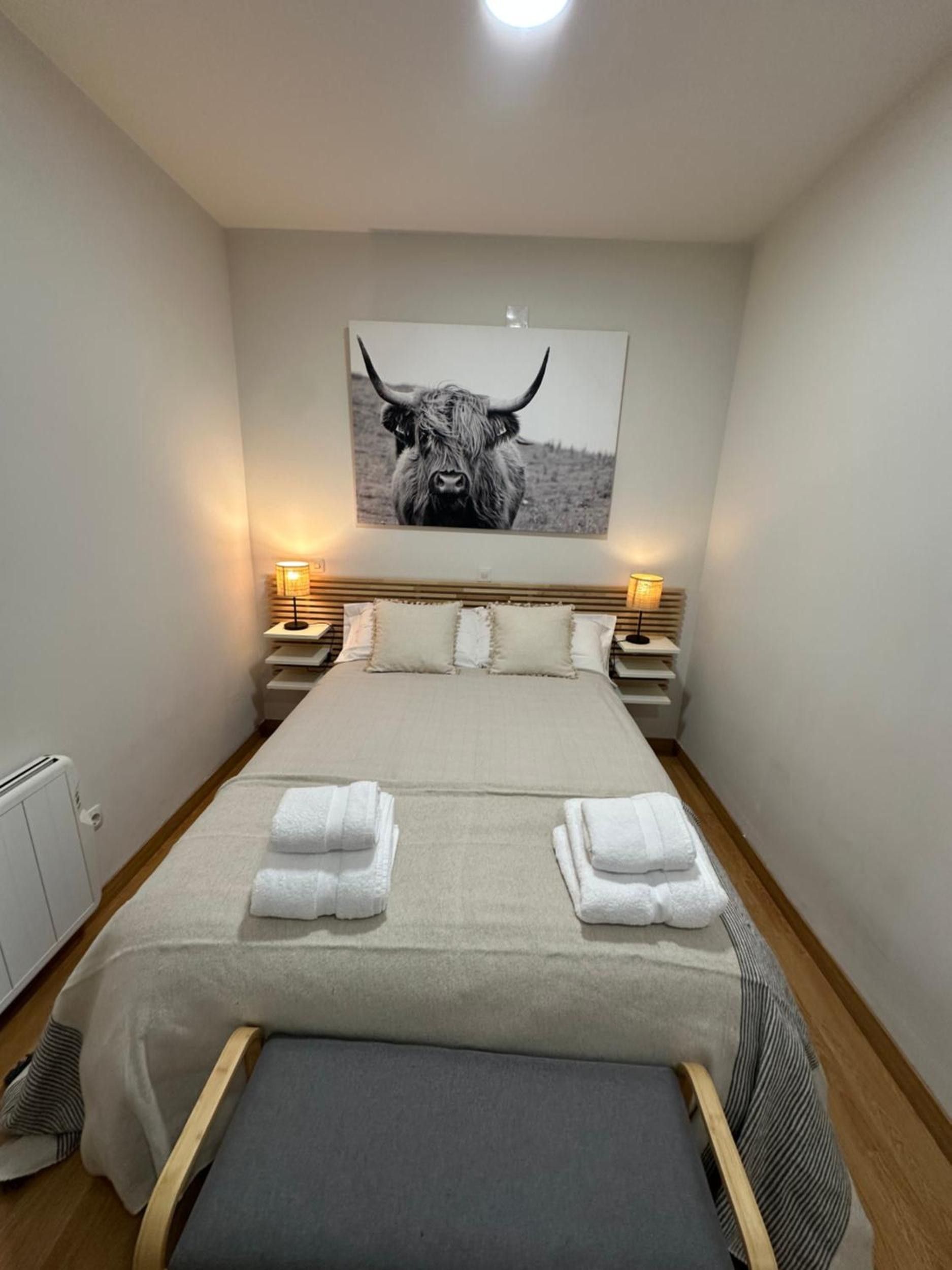 Habitación de hotel con cama, dos mesitas de noche, cabecera y una fotografía grande de un toro en la pared.