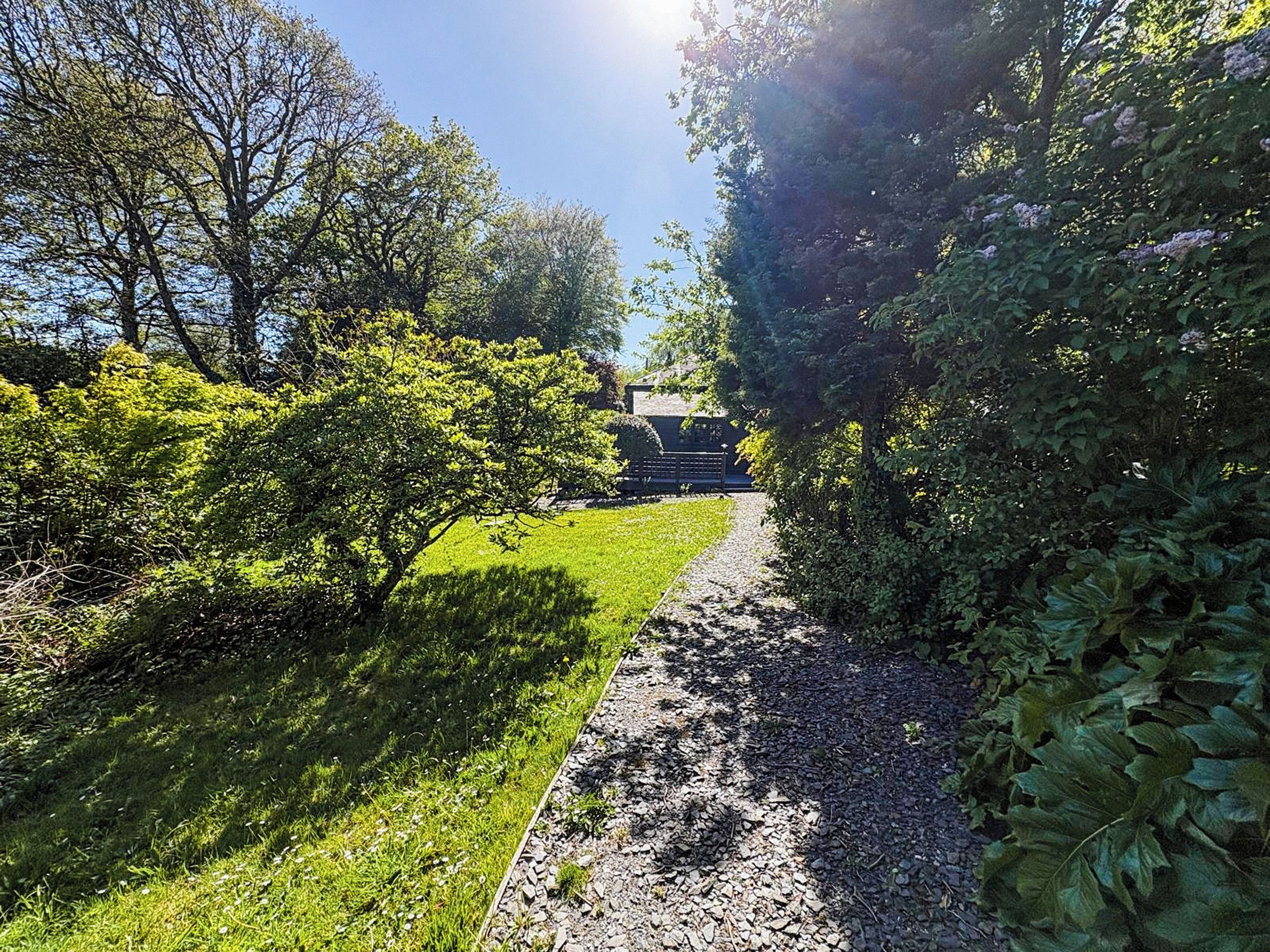 A pathway leading through a garden with various shrubs and trees.