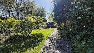 A pathway leading through a garden with various shrubs and trees.