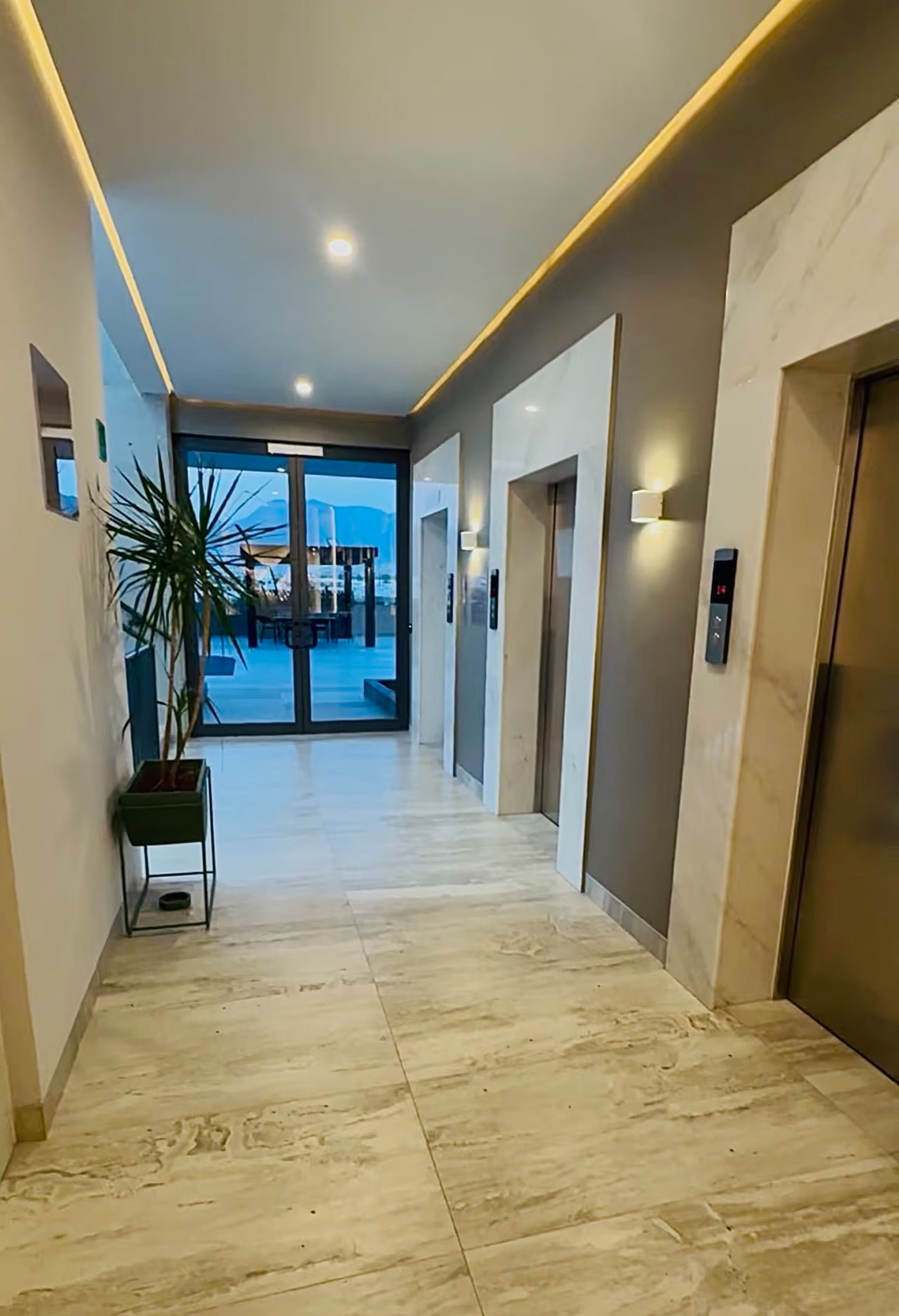 Corredor moderno com planta em vaso, porta de vidro que dá para o exterior e elevador.