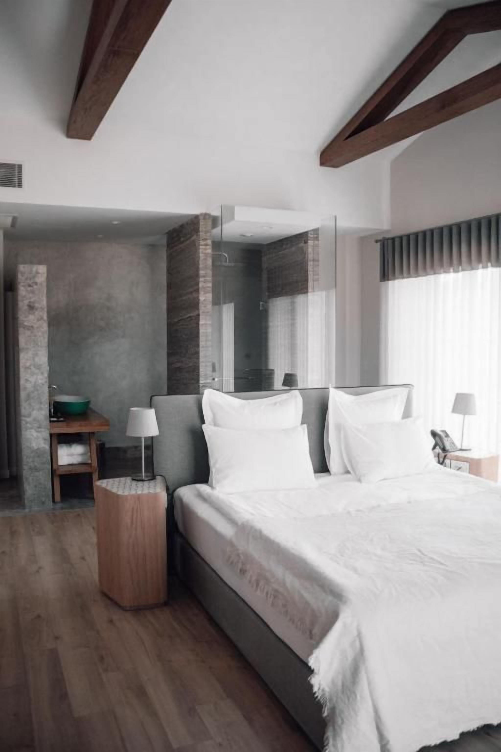 A modern bedroom with a large bed, a walk-in closet, and a shower area.