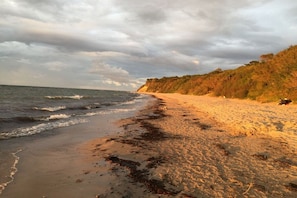 A beach with a sandy shore, waves, and a forested cliff. - Holiday apartment with 2 bedrooms (Bakenberg)