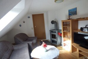 A living room with a sofa, a television, a small table with a vase, a fireplace, and a bookshelf. - Holiday apartment with 1 bedroom (Fuhlendorf)