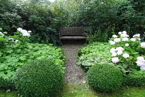 Un jardin avec un banc en bois, entouré d’une végétation luxuriante et de fleurs blanches.
