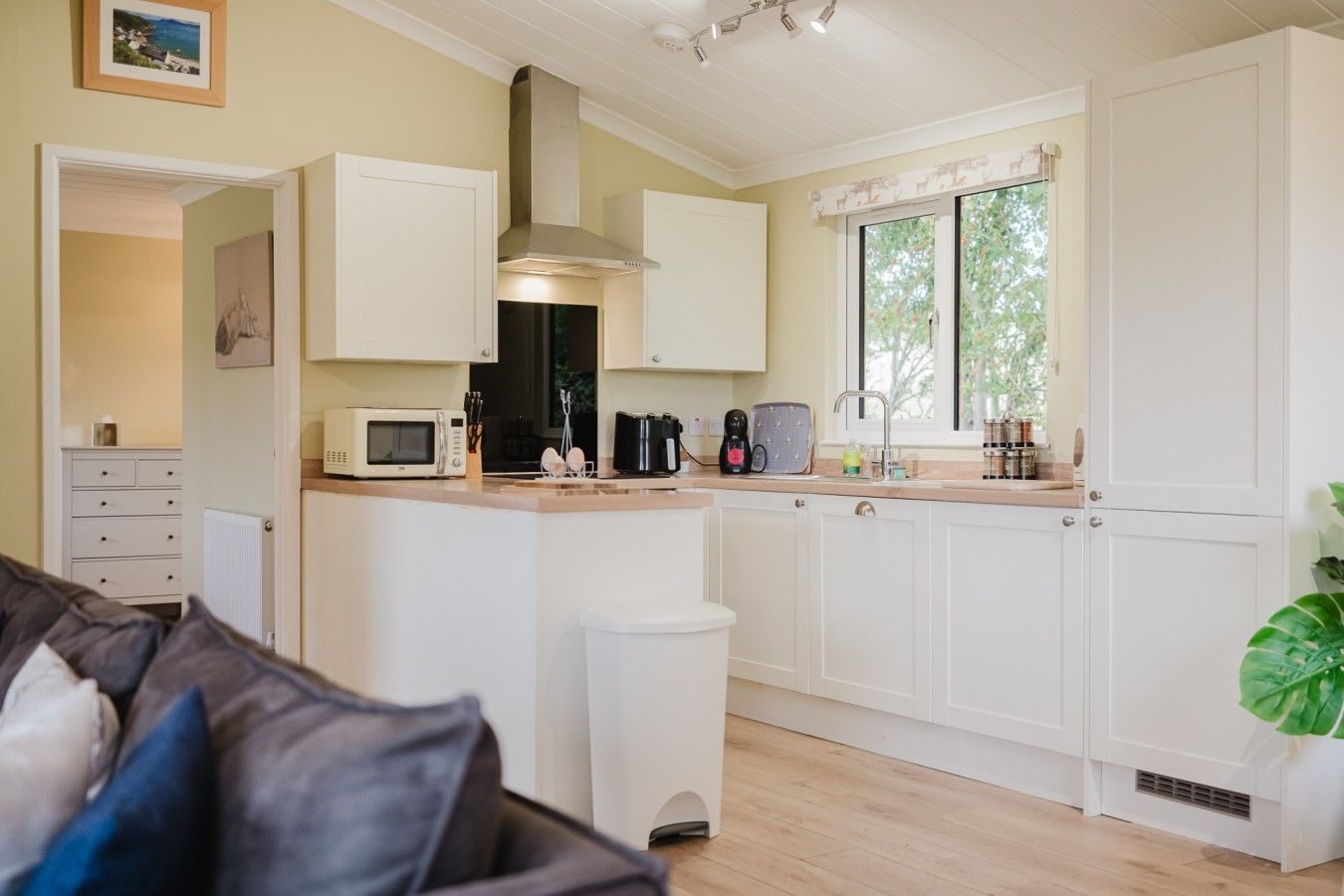 A compact kitchen with white cabinets, a microwave, a coffee maker, and a window with a view of greenery.