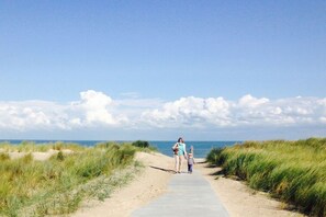 En stig som leder ner till stranden, med sanddyner på vardera sidan.