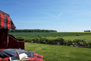 A bed with a plaid cover and a book, overlooking a green field and trees. - Thatched house "Seeadler" (Zierow)